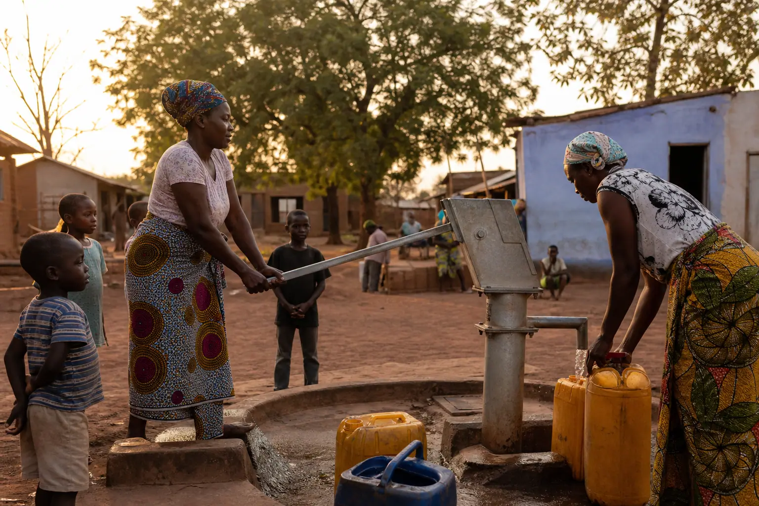 Community members collecting clean water from a borehole pump in a Ghanaian village