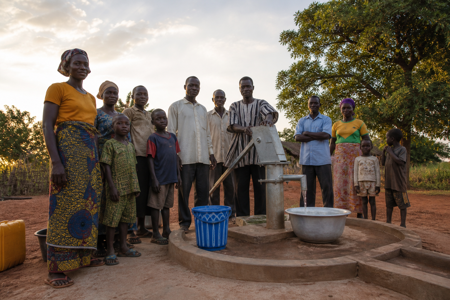 A community borehole pump on a concrete platform, with people gathered in a rural Ghanaian village