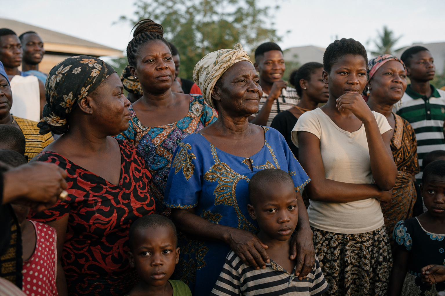 People gathered in community, standing close and connected