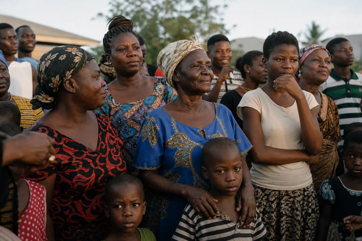 People gathered in community, standing close and connected