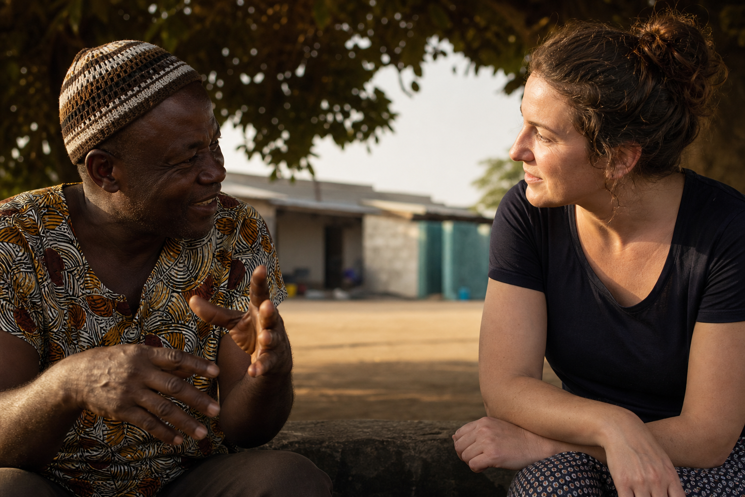 A white person and an African person in conversation together, listening with care