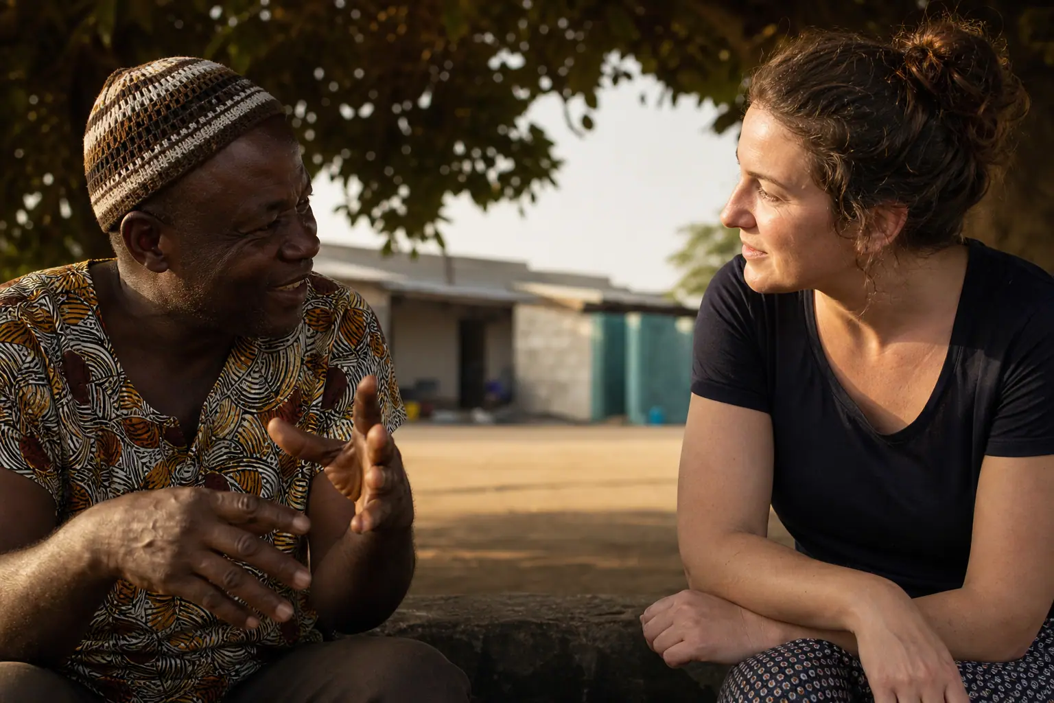 A white person and an African person in conversation together, listening with care