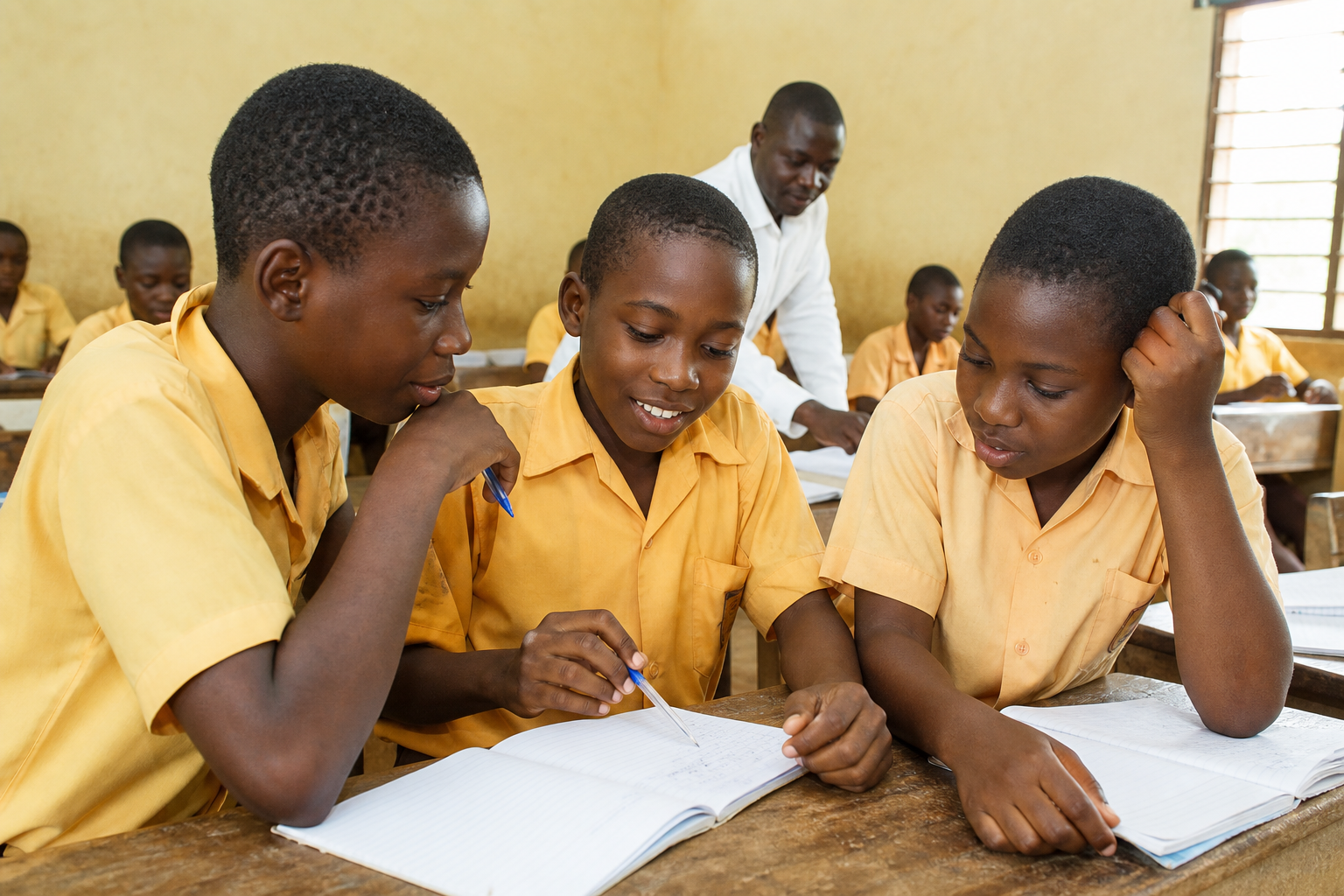 Young students learning together in a bright classroom