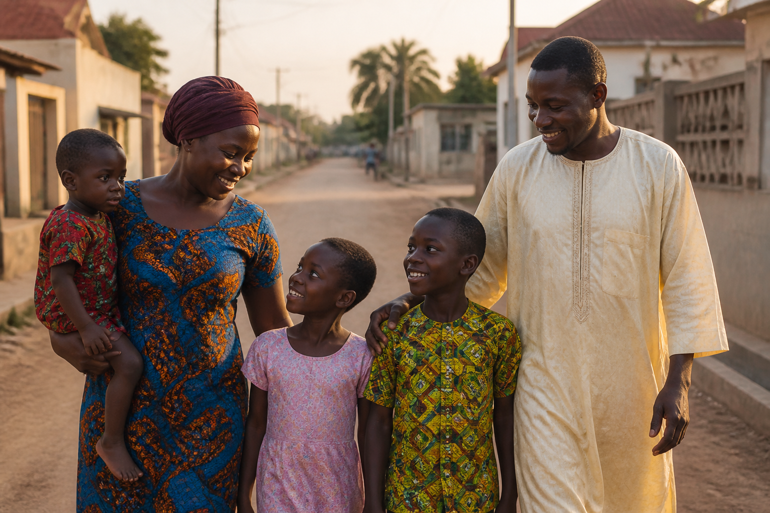 A family walking together in warm evening light