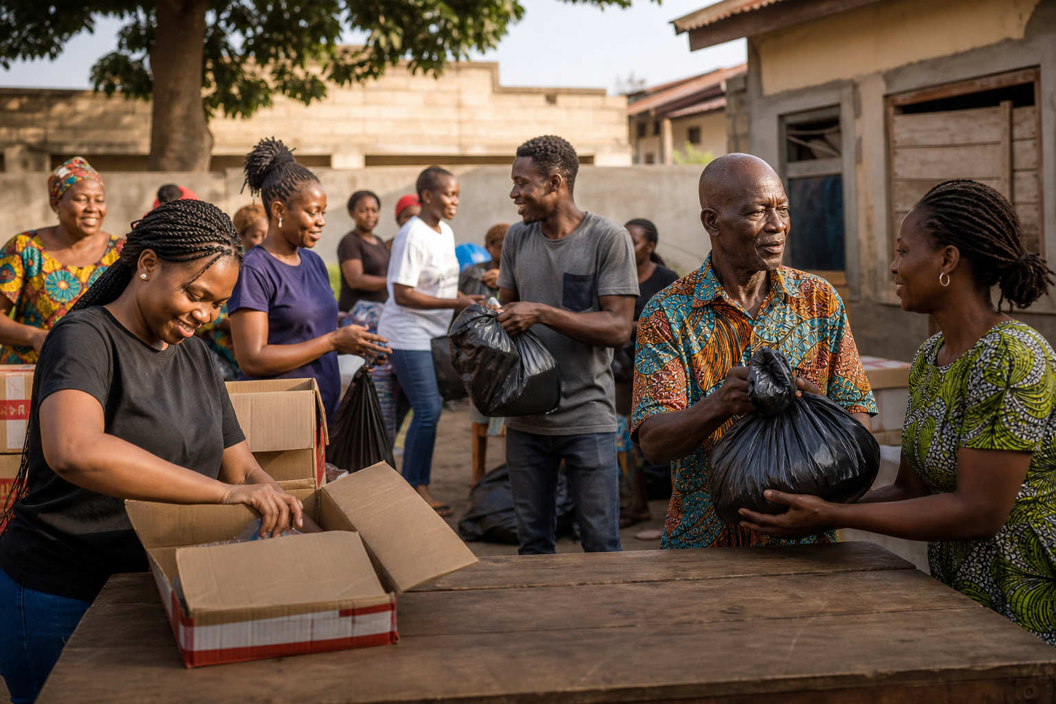 People in Ghana volunteering together, packing goods and working side by side