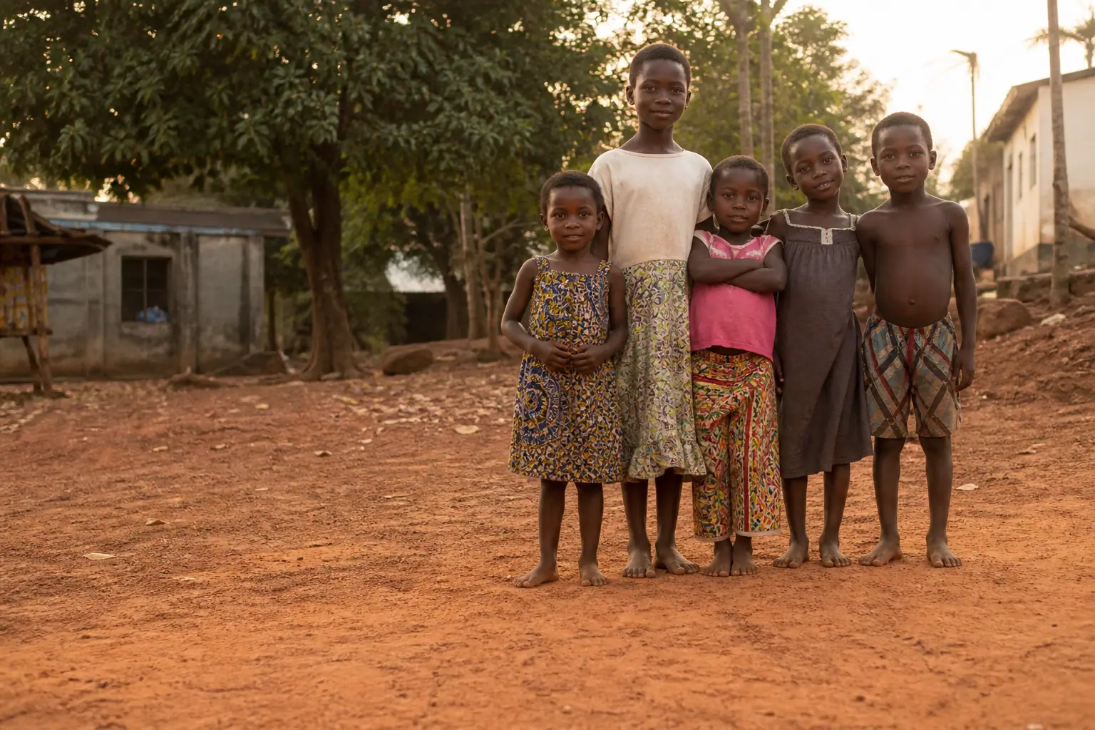 Children standing together in a modest community, looking toward the camera with quiet dignity