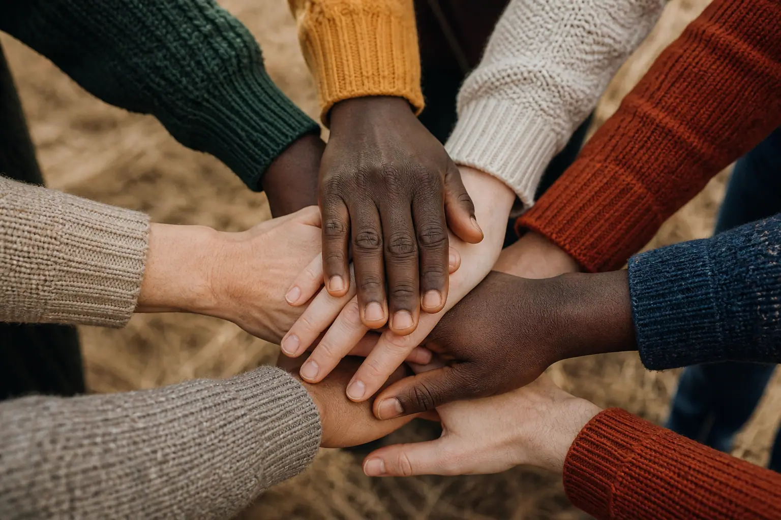 Hands of African and white people stacked together in a circle of human connection