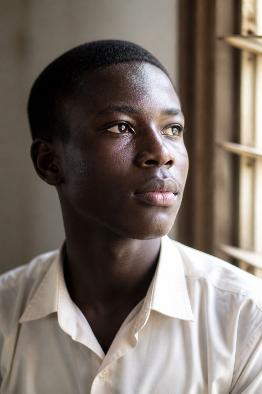 A young student looking ahead with quiet determination